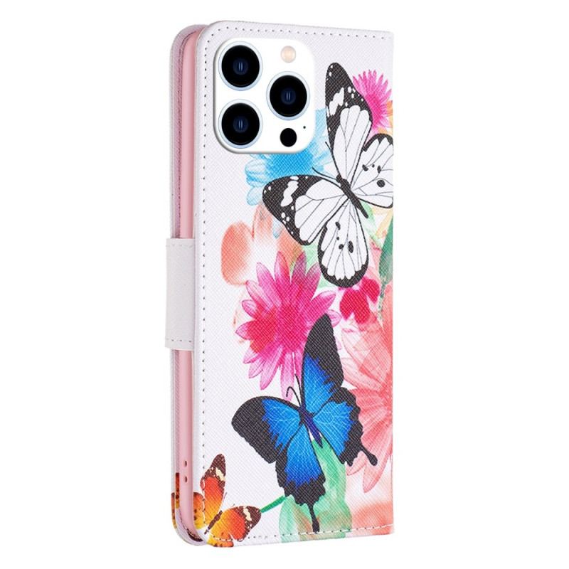 Capa Folio Para iPhone 14 Pro Aquarela Borboletas