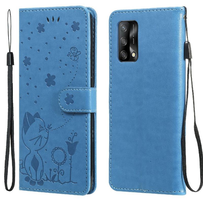 Capa Flip Para Oppo A74 4G De Cordão Gato E Abelha Com Cordão