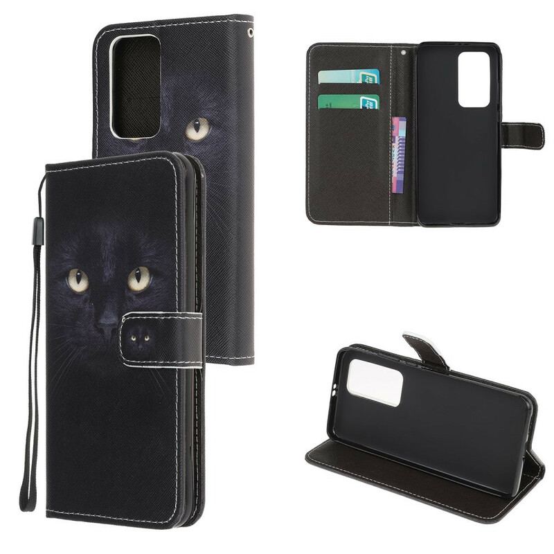 Capa Flip Para Xiaomi Mi 10T / 10T Pro De Cordão Olhos De Gato Preto Com Tiras