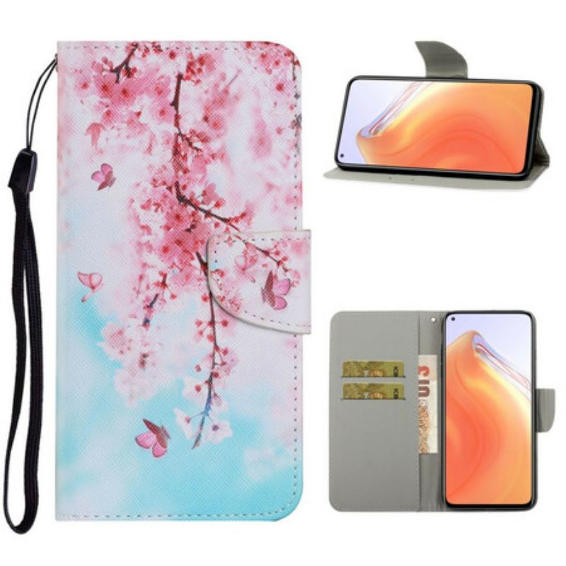 Capa Flip Para Xiaomi Mi 10T / 10T Pro De Cordão Ramos Vermelhos Com Alça