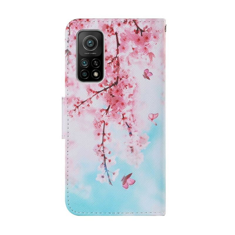 Capa Flip Para Xiaomi Mi 10T / 10T Pro De Cordão Ramos Vermelhos Com Alça