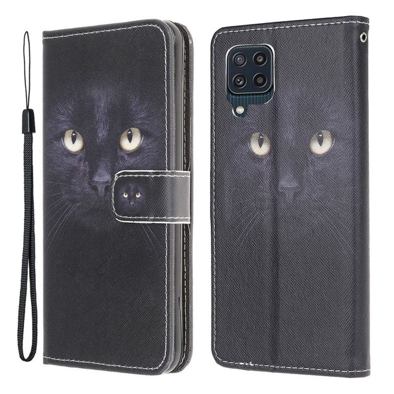 Capa De Couro Para Samsung Galaxy M32 De Cordão Olhos De Gato Preto Com Tiras