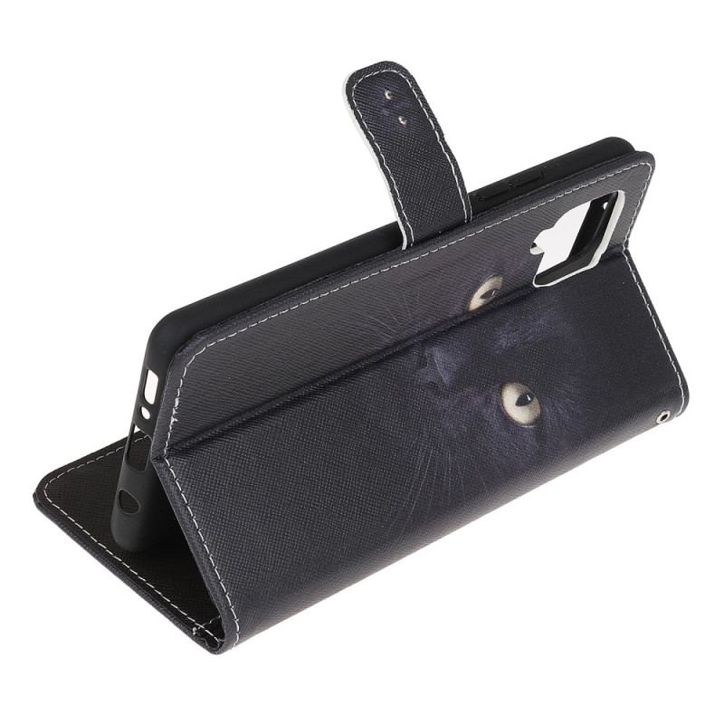 Capa De Couro Para Samsung Galaxy M32 De Cordão Olhos De Gato Preto Com Tiras