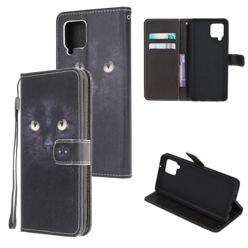 Capa De Couro Para Samsung Galaxy M32 De Cordão Olhos De Gato Preto Com Tiras