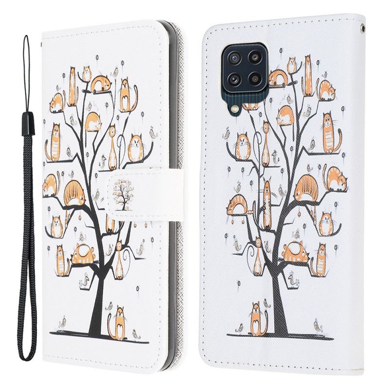 Capa Flip Para Samsung Galaxy M32 De Cordão Gatos Divertidos Com Alça