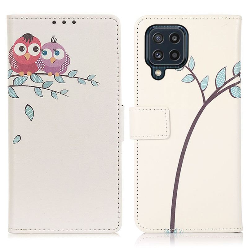 Capa Folio Para Samsung Galaxy M32 Casal De Corujas Na Árvore