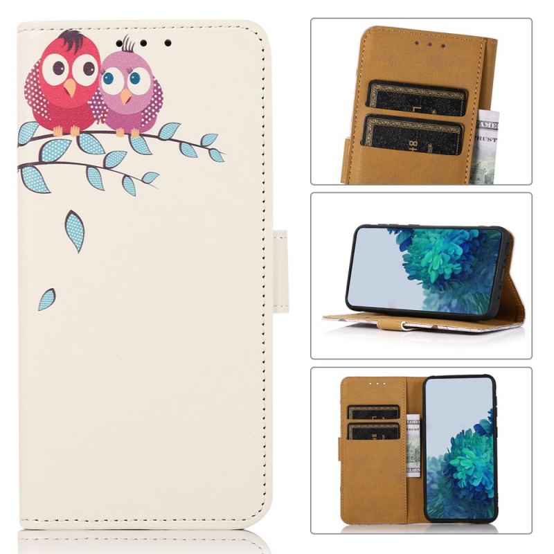 Capa Folio Para Samsung Galaxy M32 Casal De Corujas Na Árvore