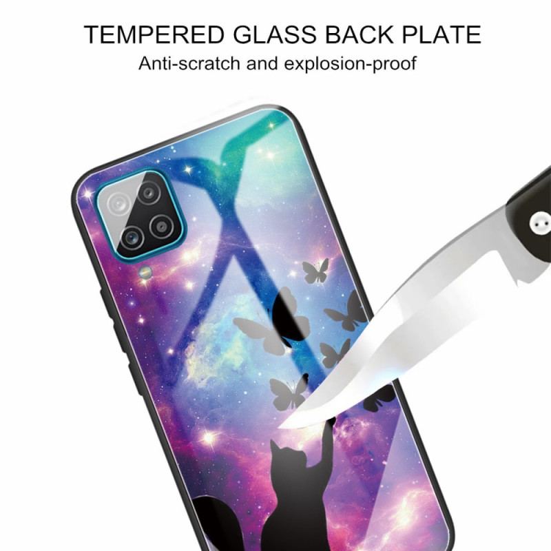 Capa Para Samsung Galaxy M32 Gato De Vidro Temperado E Borboletas No Espaço