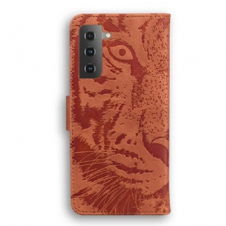 Capa De Couro Para Samsung Galaxy S21 Plus 5G Estampa Cara De Tigre