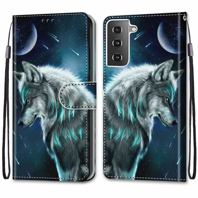 Capa De Couro Para Samsung Galaxy S21 Plus 5G Lobo Sob Uma Chuva De Estrelas