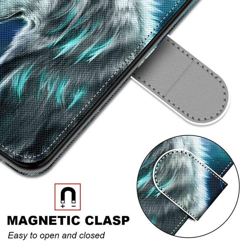 Capa De Couro Para Samsung Galaxy S21 Plus 5G Lobo Sob Uma Chuva De Estrelas