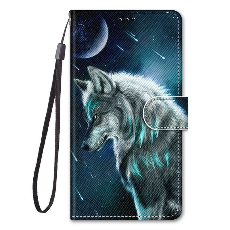 Capa De Couro Para Samsung Galaxy S21 Plus 5G Lobo Sob Uma Chuva De Estrelas