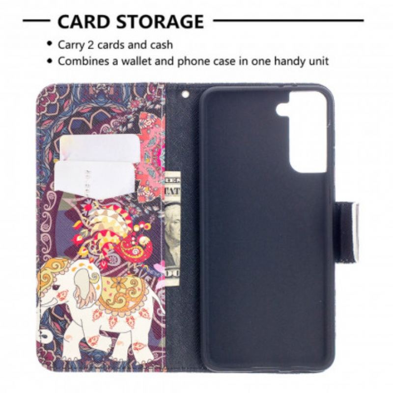 Capa De Couro Para Samsung Galaxy S21 Plus 5G Mandala De Elefantes Étnicos
