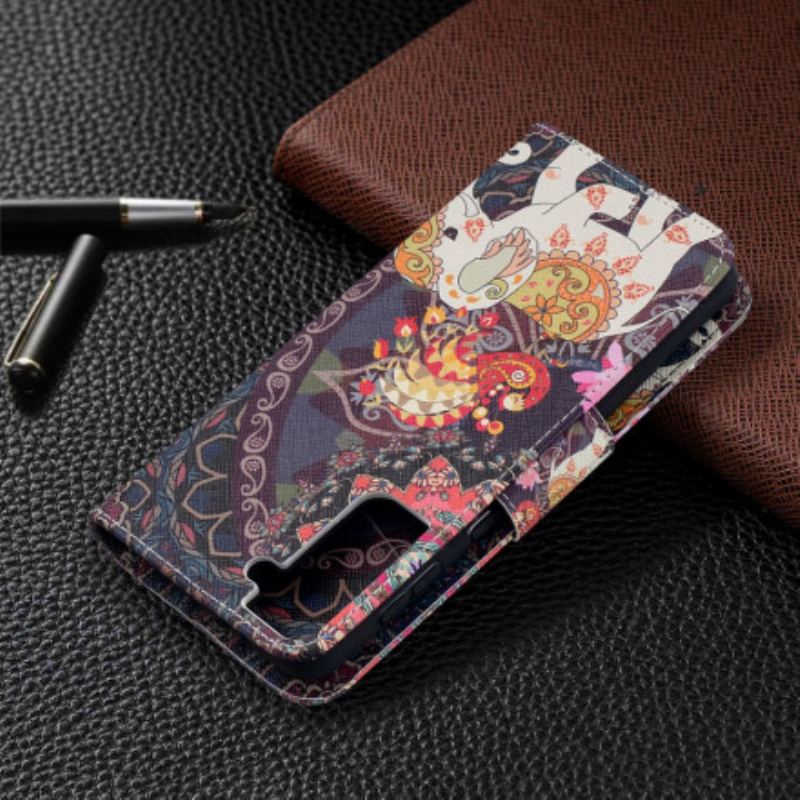 Capa De Couro Para Samsung Galaxy S21 Plus 5G Mandala De Elefantes Étnicos
