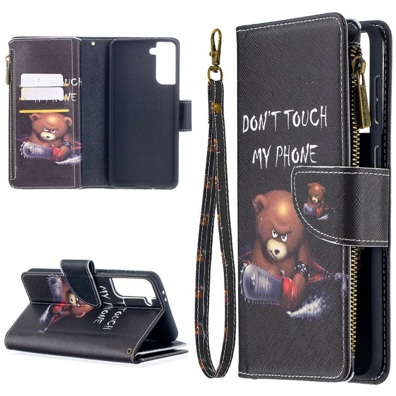 Capa De Couro Para Samsung Galaxy S21 Plus 5G Urso De Bolso Com Zíper