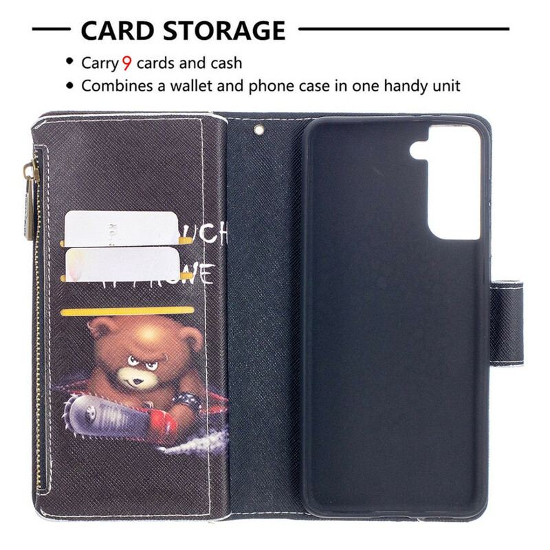 Capa De Couro Para Samsung Galaxy S21 Plus 5G Urso De Bolso Com Zíper