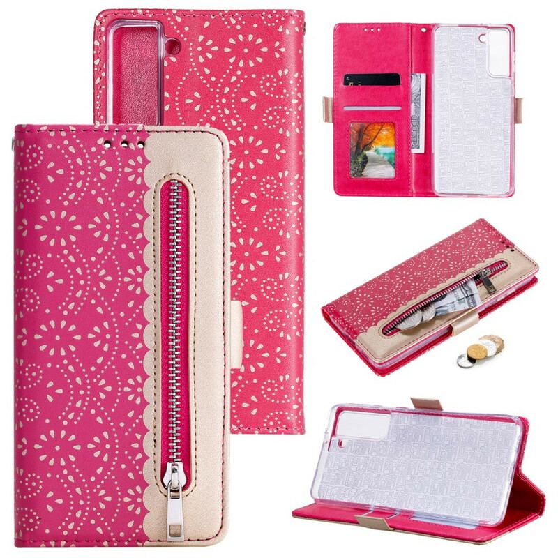 Capa Em Pele Para Samsung Galaxy S21 Plus 5G De Cordão Bolsa De Moedas Com Alça De Renda