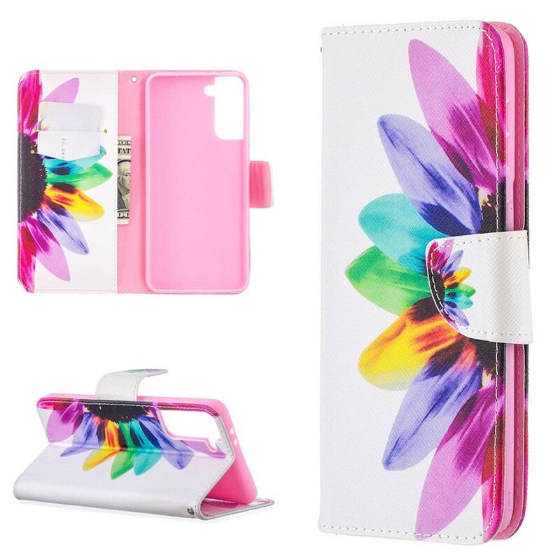 Capa Folio Para Samsung Galaxy S21 Plus 5G Flor Aquarela