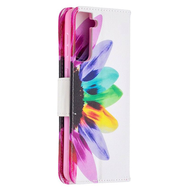 Capa Folio Para Samsung Galaxy S21 Plus 5G Flor Aquarela