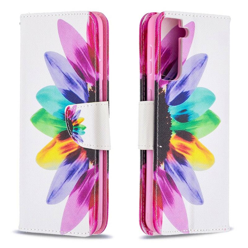 Capa Folio Para Samsung Galaxy S21 Plus 5G Flor Aquarela