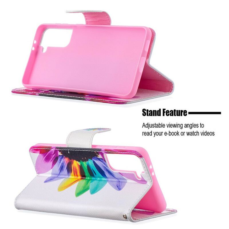 Capa Folio Para Samsung Galaxy S21 Plus 5G Flor Aquarela