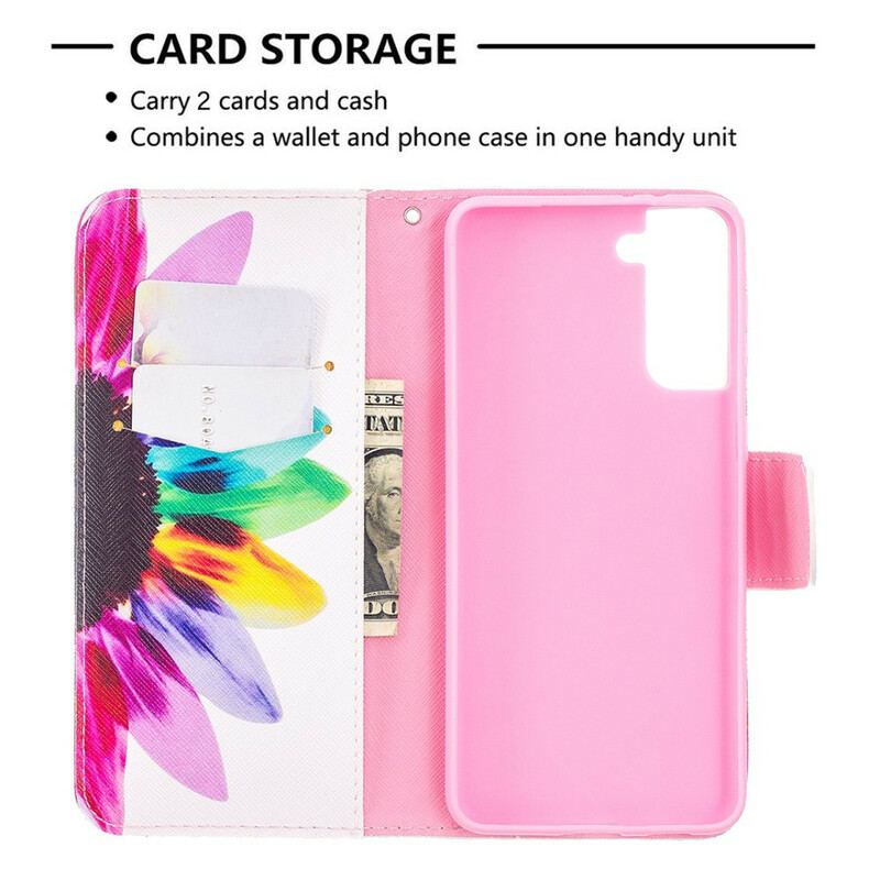 Capa Folio Para Samsung Galaxy S21 Plus 5G Flor Aquarela