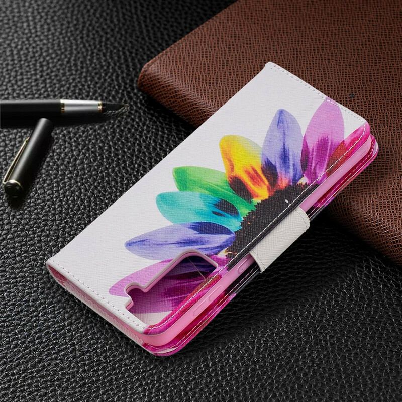 Capa Folio Para Samsung Galaxy S21 Plus 5G Flor Aquarela