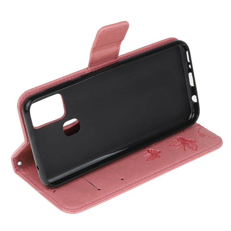 Capa Flip Para Samsung Galaxy M21 De Cordão Tanga Borboletas E Flores