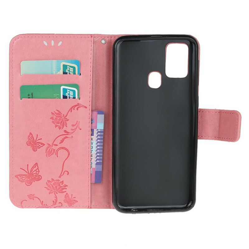 Capa Flip Para Samsung Galaxy M21 De Cordão Tanga Borboletas E Flores