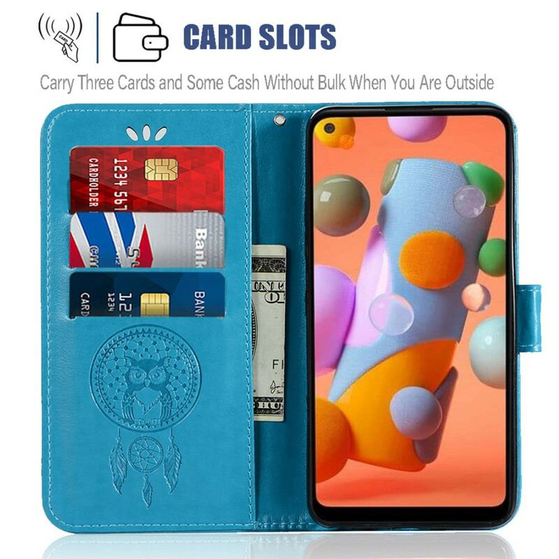 Capa Em Pele Para Samsung Galaxy M11 Coruja Apanhador De Sonhos Efeito Couro