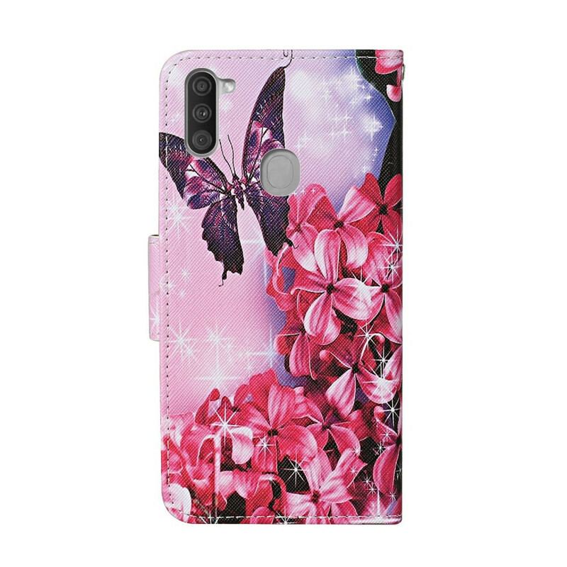 Capa Flip Para Samsung Galaxy M11 Cordão Floral Borboletas