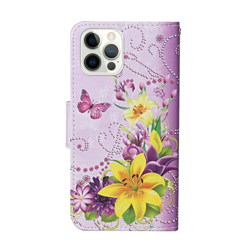 Capa De Couro Para iPhone 13 Pro Flores Magistrais Com Alça