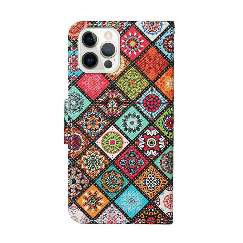 Capa De Couro Para iPhone 13 Pro Mandalas De Patchwork Com Cordão