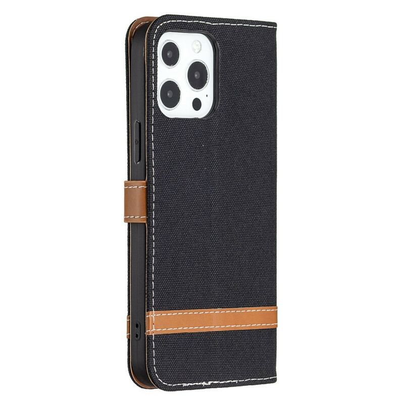 Capa Flip Para iPhone 13 Pro De Cordão Correia Efeito Tecido E Couro