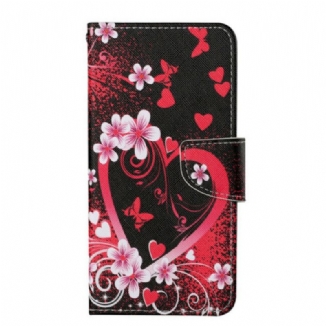 Capa Flip Para iPhone 13 Pro Flores E Corações Com Cordão