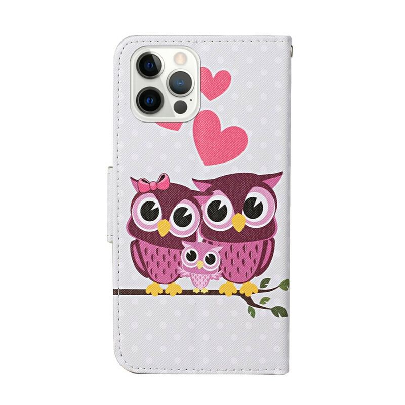 Capa Folio Para iPhone 13 Pro Família Coruja Com Cordão