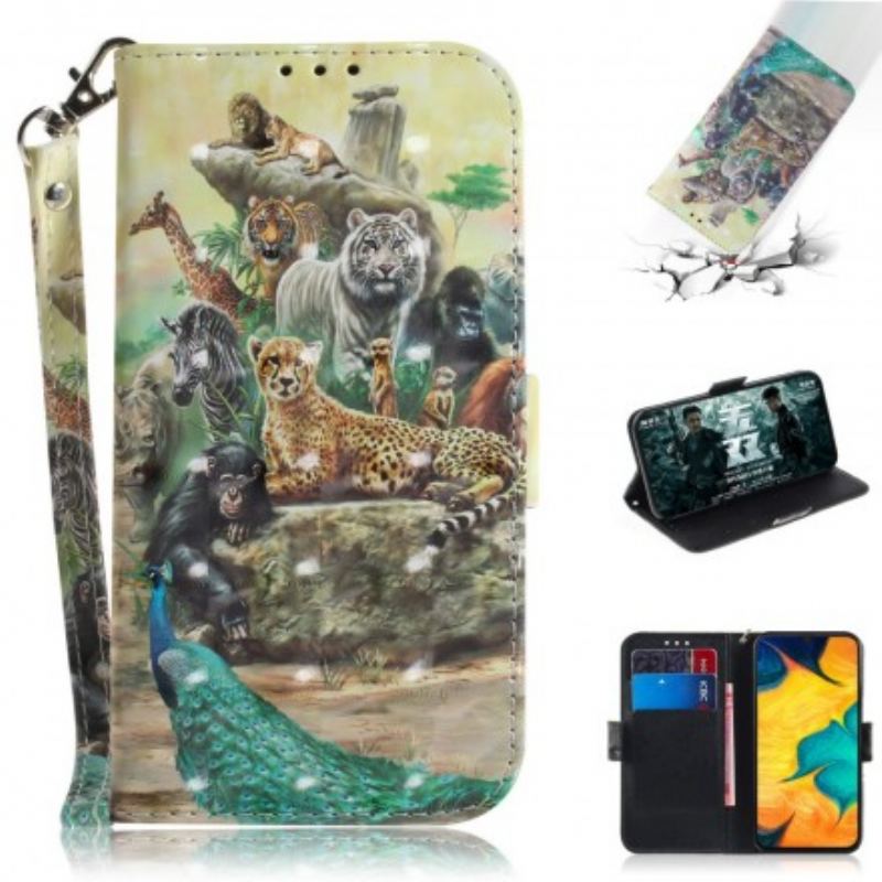 Capa De Couro Para Samsung Galaxy A30 De Cordão Animais De Safári Tanga