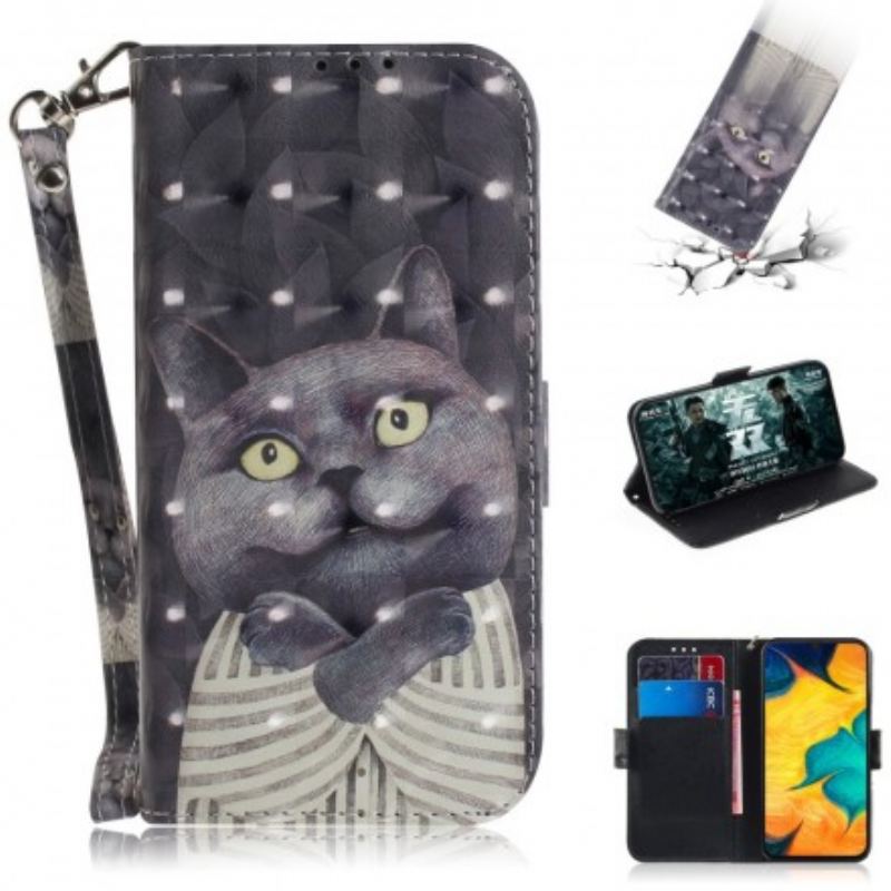 Capa De Couro Para Samsung Galaxy A30 De Cordão Gato Cinzento Com Alça