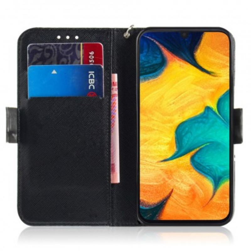 Capa De Couro Para Samsung Galaxy A30 De Cordão Gato Cinzento Com Alça