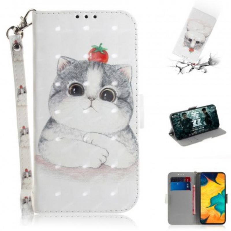 Capa Flip Para Samsung Galaxy A30 De Cordão Tomate No Gato Com Uma Alça