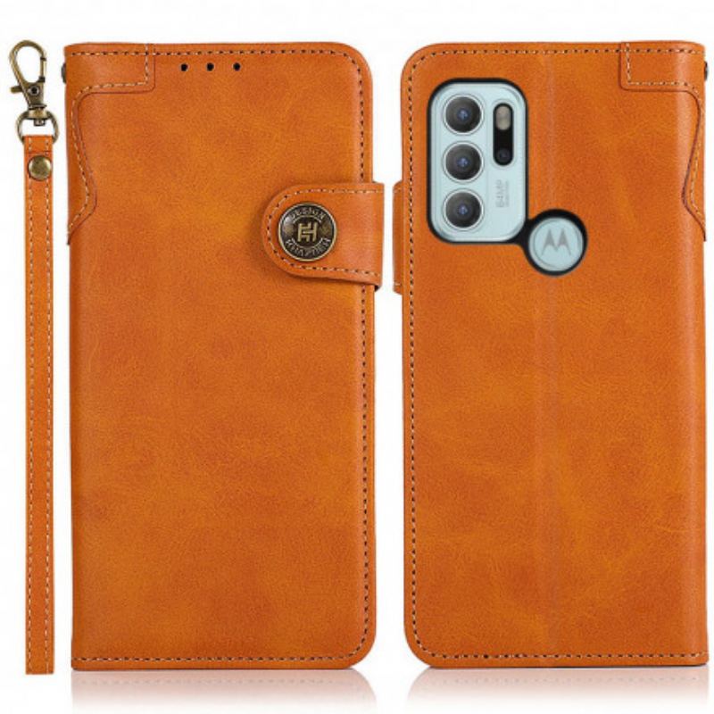 Capa Em Pele Para Moto G60S Botão De Couro Falso Khazneh