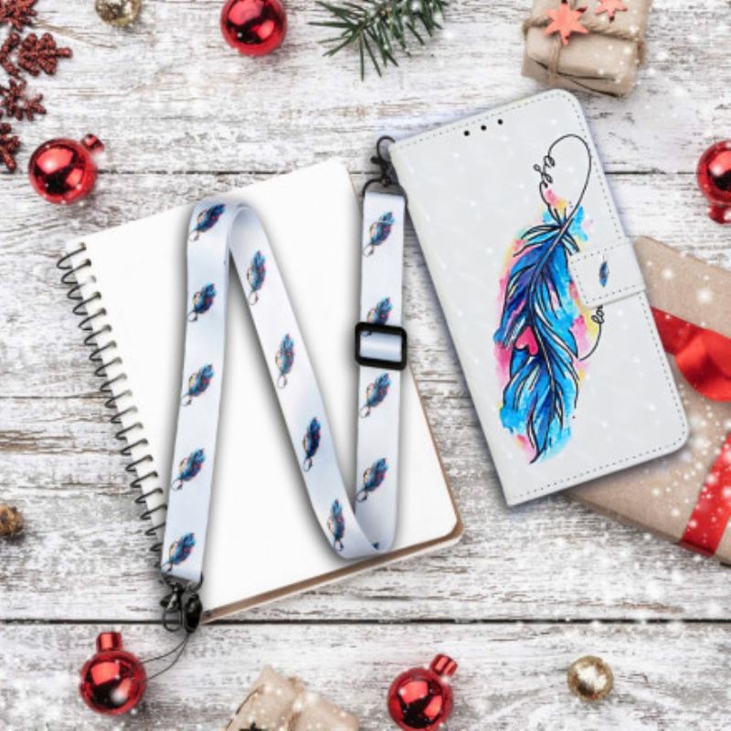 Capa De Couro Para iPhone 11 De Cordão Alça Ajustável De Penas