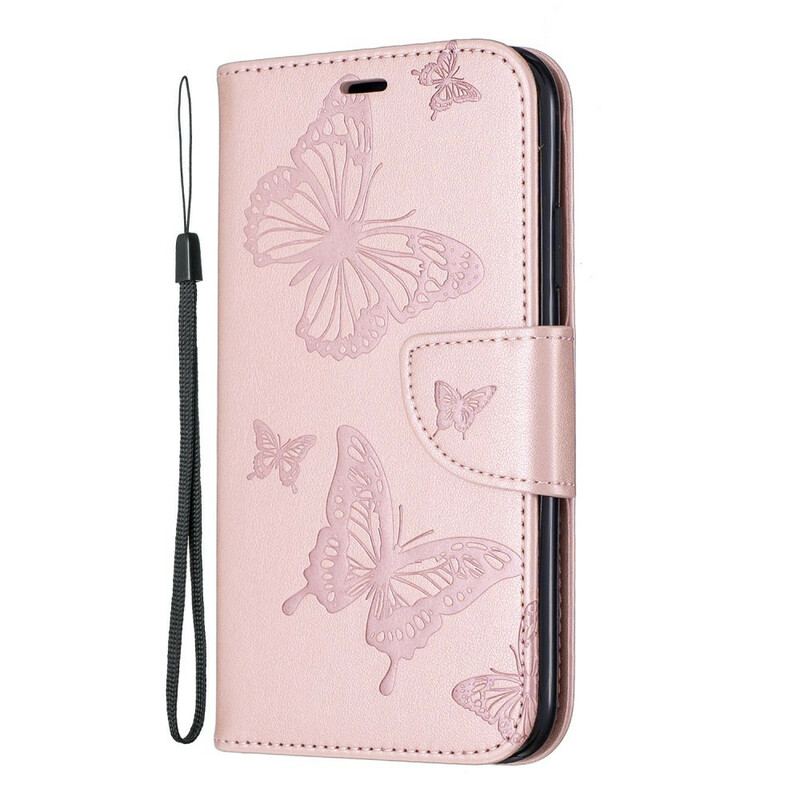 Capa De Couro Para iPhone 11 De Cordão Strappy Estampado Borboletas