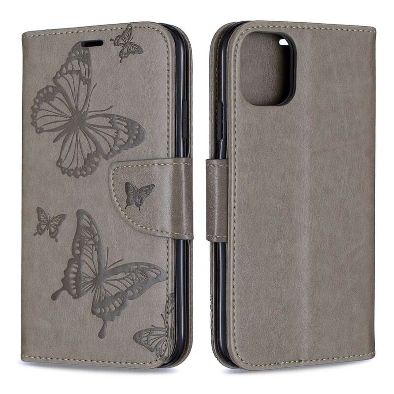Capa De Couro Para iPhone 11 De Cordão Strappy Estampado Borboletas