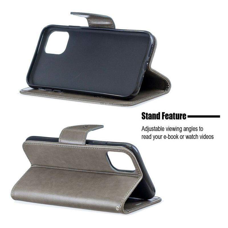 Capa De Couro Para iPhone 11 De Cordão Strappy Estampado Borboletas
