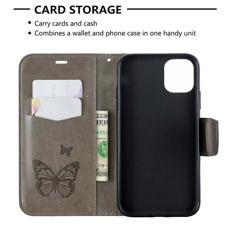 Capa De Couro Para iPhone 11 De Cordão Strappy Estampado Borboletas
