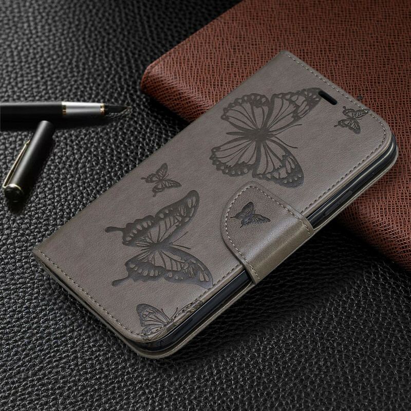 Capa De Couro Para iPhone 11 De Cordão Strappy Estampado Borboletas