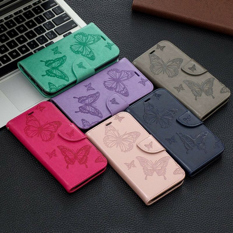 Capa De Couro Para iPhone 11 De Cordão Strappy Estampado Borboletas