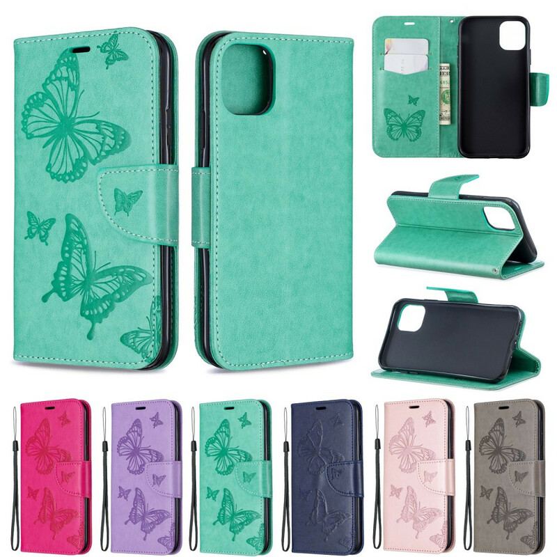Capa De Couro Para iPhone 11 De Cordão Strappy Estampado Borboletas