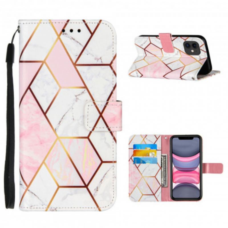 Capa De Couro Para iPhone 11 Mármore Com Cordão